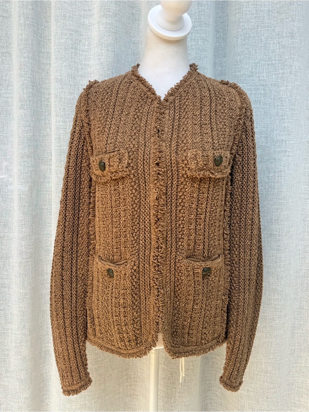LINI tan caramel brown cotton knitted cardigan tweed fringe